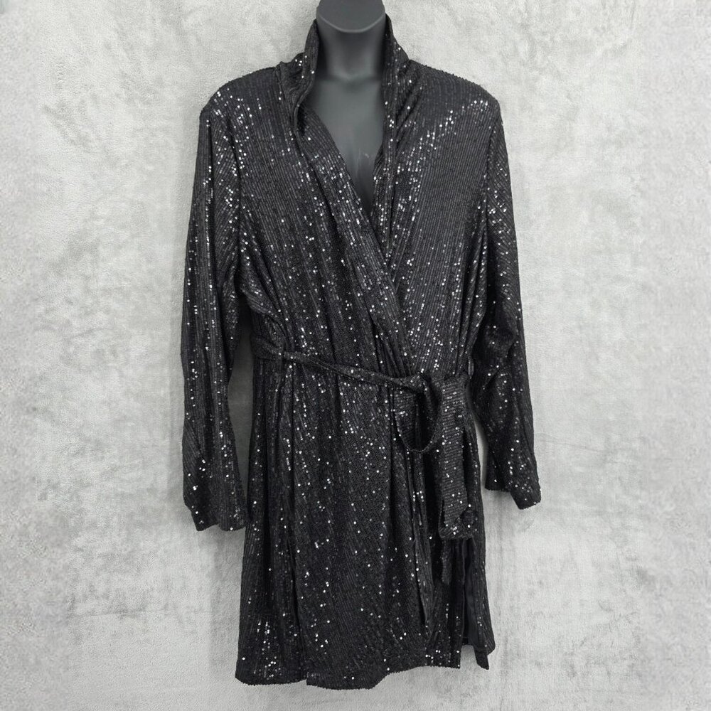 Lane Bryant Sequin Belted Duster 28 Black Long Sleeve Sparkle Topper Holiday New